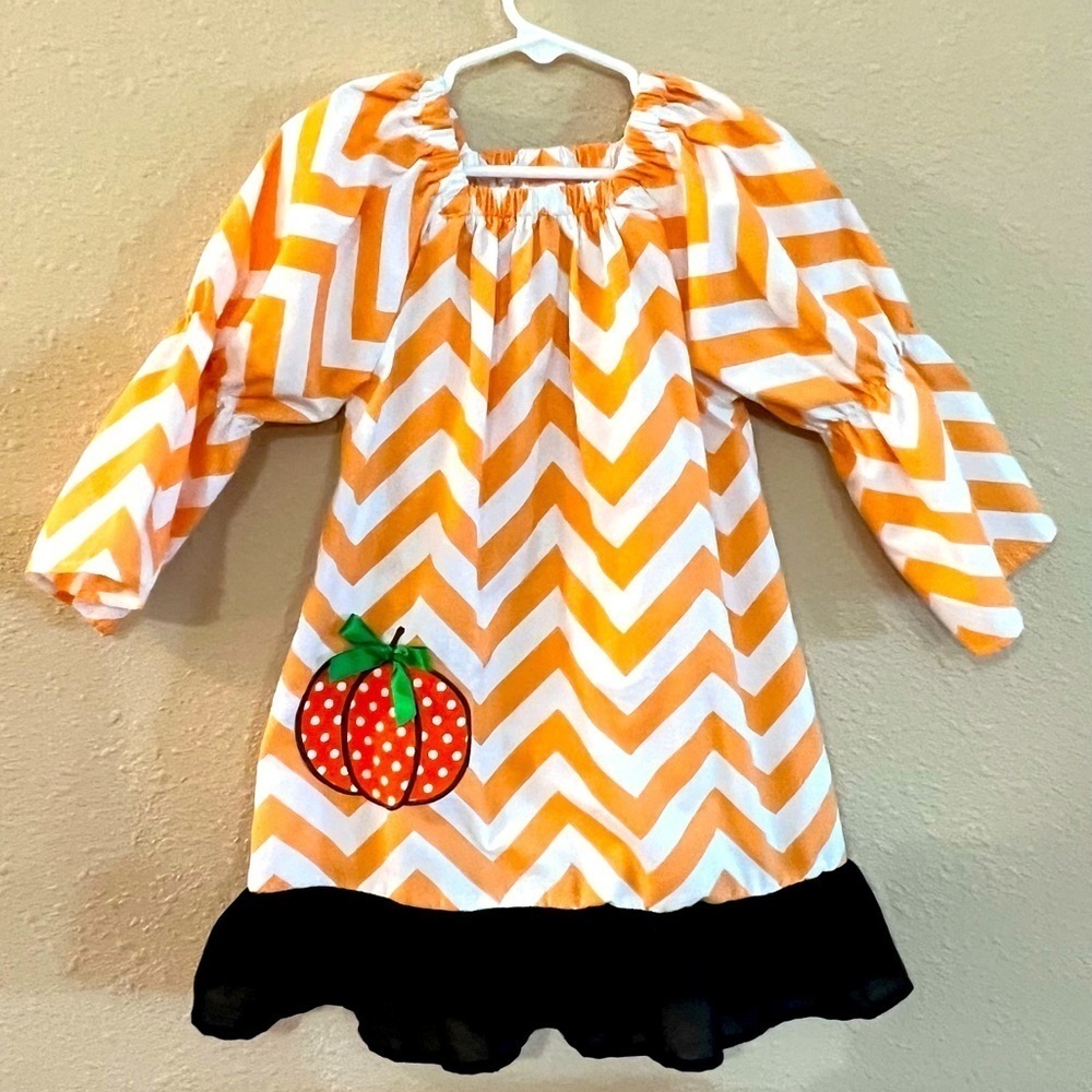 Pumpkin chevron orange black and white fall dress little girl size XL
